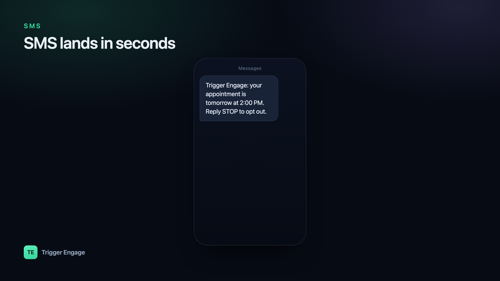 A phone showing an SMS reminder notification sent from Trigger Engage