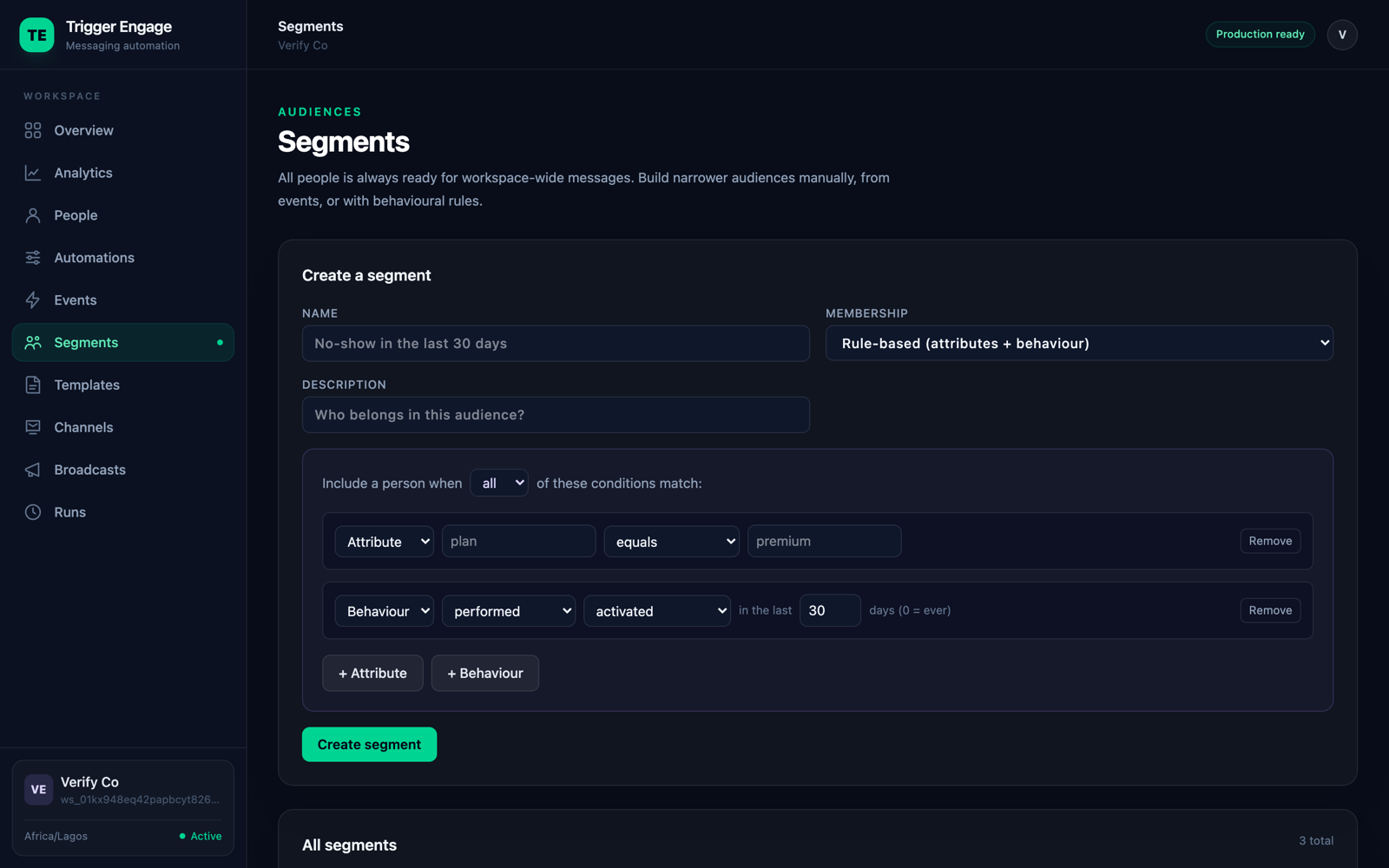 The rule builder: include a person when all conditions match, with an attribute condition (plan equals premium) and a behaviour condition (performed activated in the last 30 days)